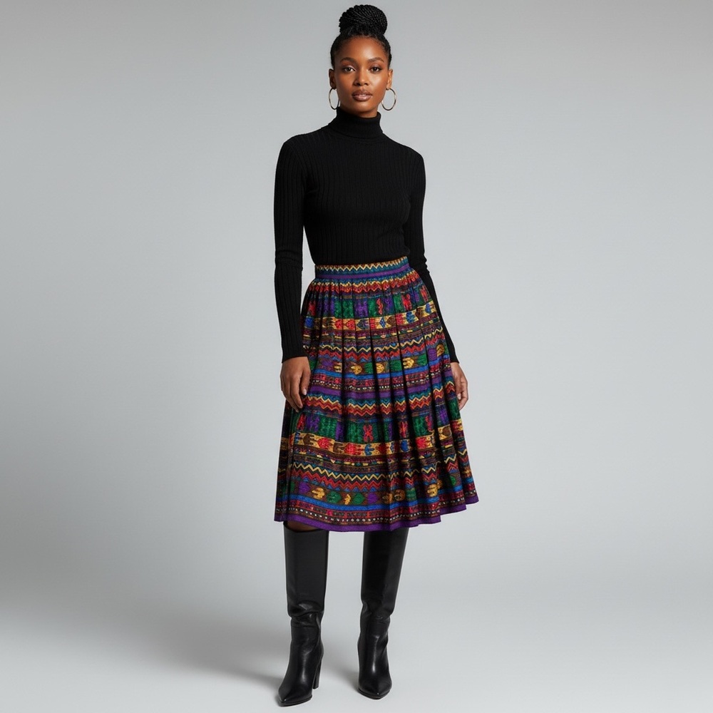 Yves Saint Laurent Multicolor Wool Pleated Elastic Waist Pull On A-Line Skirt